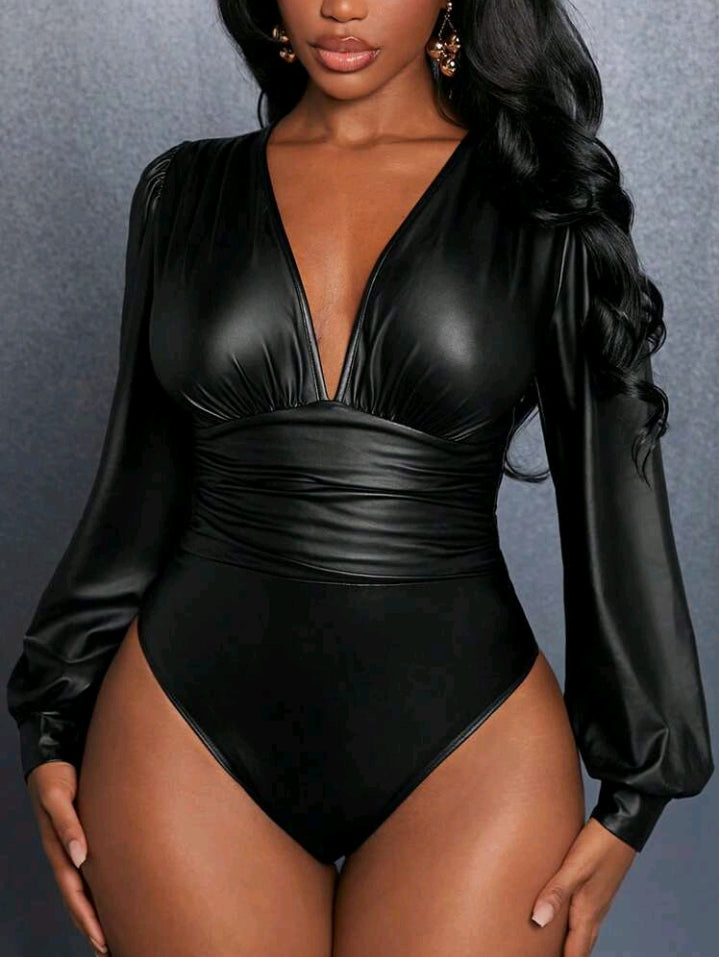Plunging Neckline Lantern Sleeved Ruched Leather Bodysuit