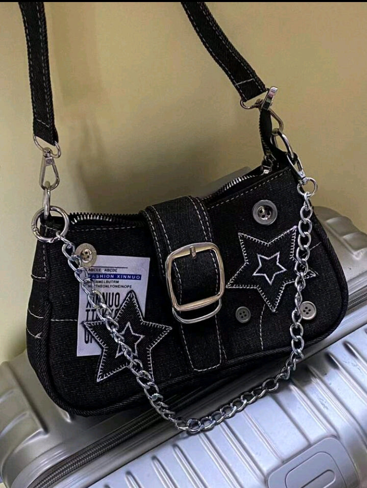 Y2K Buckle & Chain Decor Denim Bag