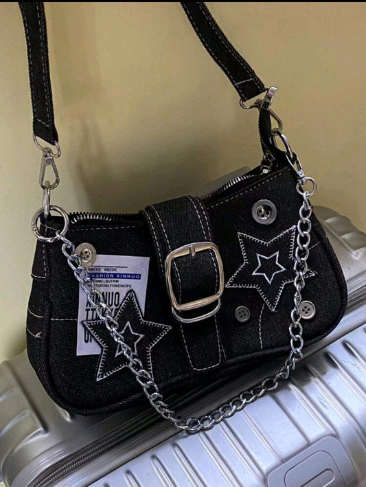 Y2K Buckle & Chain Decor Denim Bag