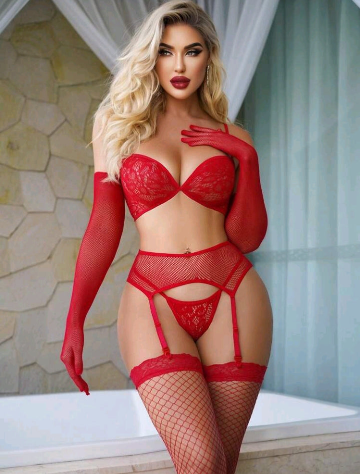5 pcs. Sheer Lace & Fishnet Lingerie Set (Gloves, Hosiery, Garter Included)