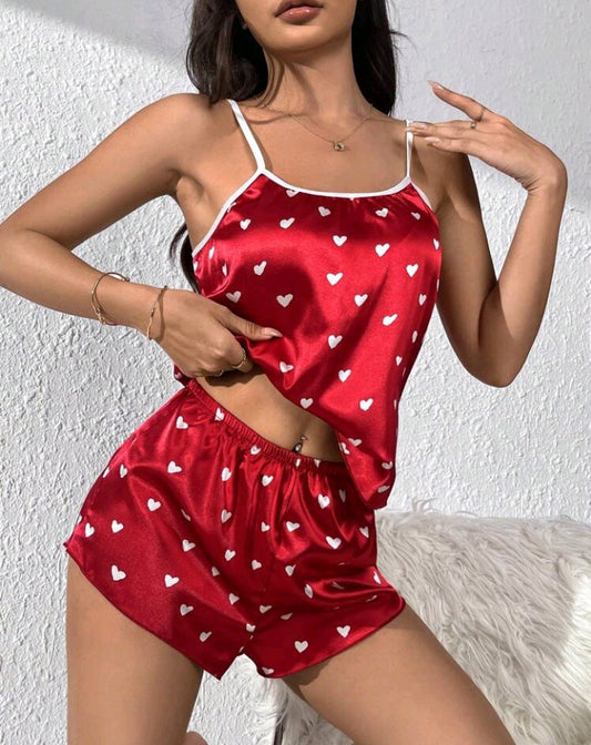 Heart Print Satin Pajamas Set
