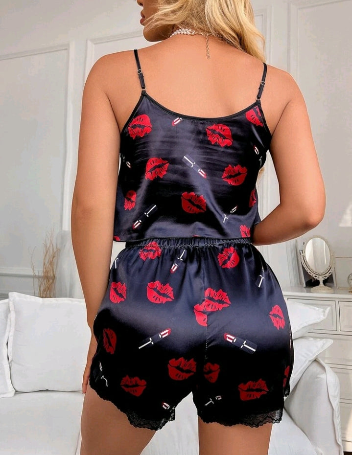 Lips & Lipstick Print Satin Pajama Set