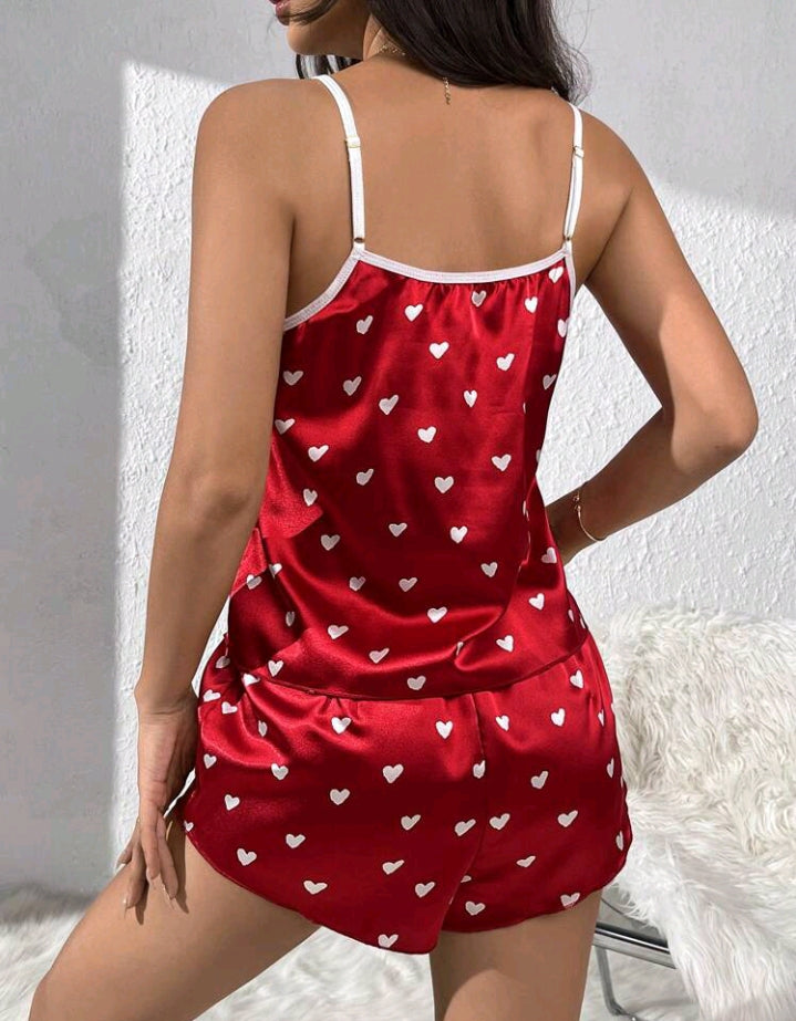 Heart Print Satin Pajamas Set