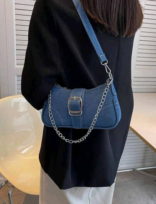 Buckle & Chain Decor Denim Baguette Handbag