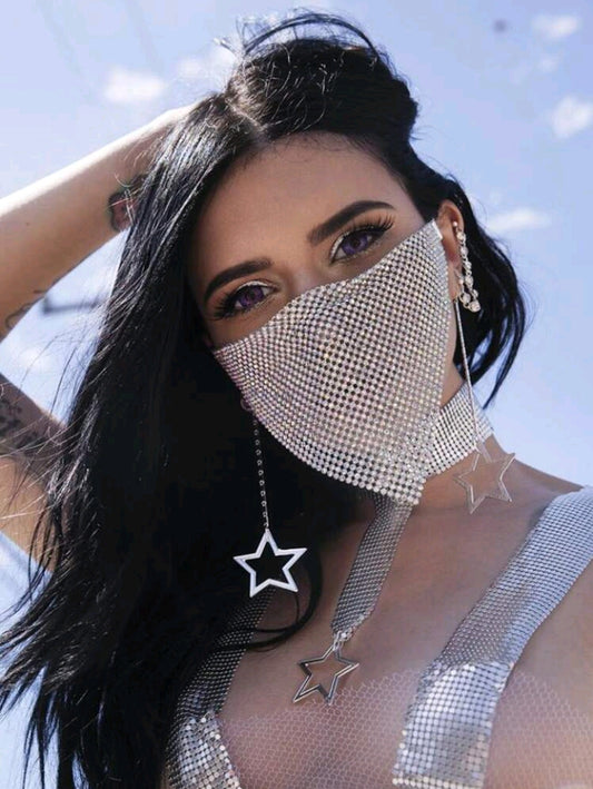 Rhinestone Mesh Fashion Mask in Silver