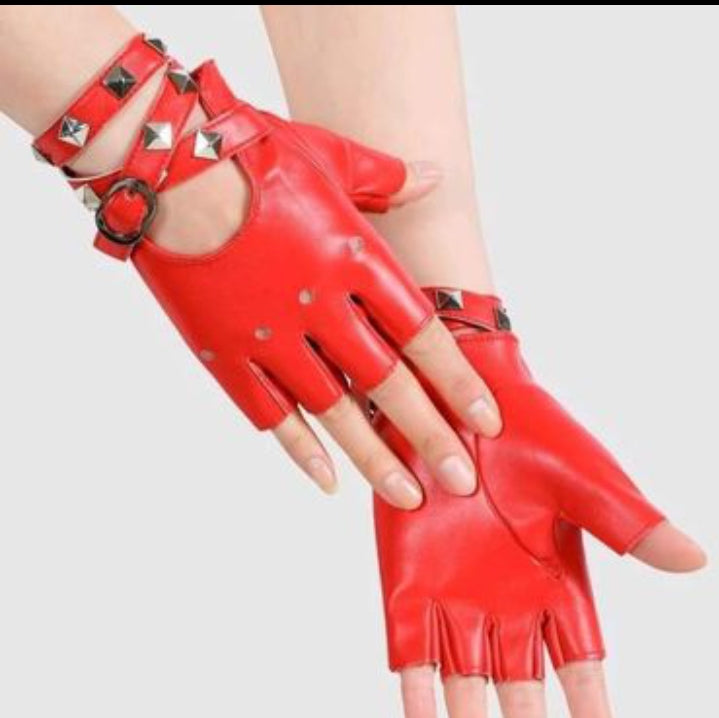 Studded Fingerless Wrist Length Leather Gloves in Red