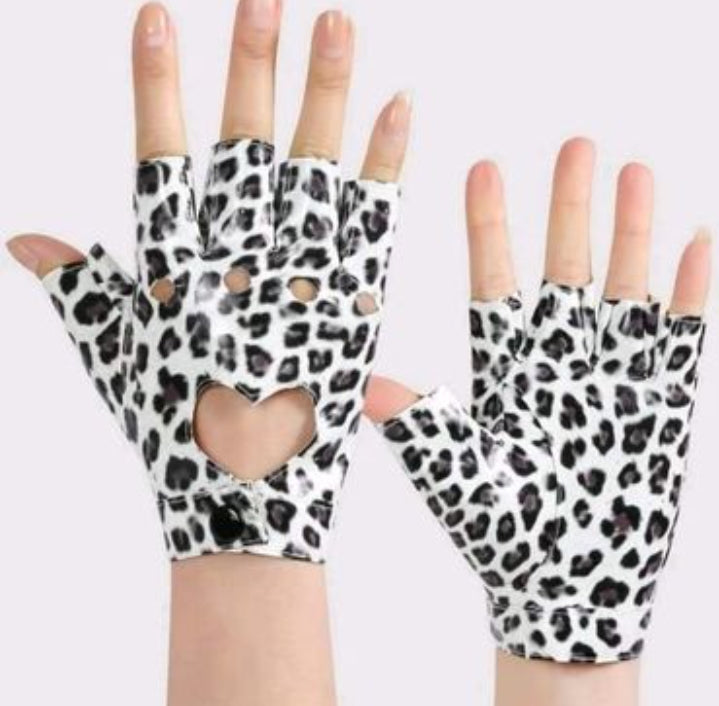 Heart Decor Fingerless Leopard Print Leather Gloves