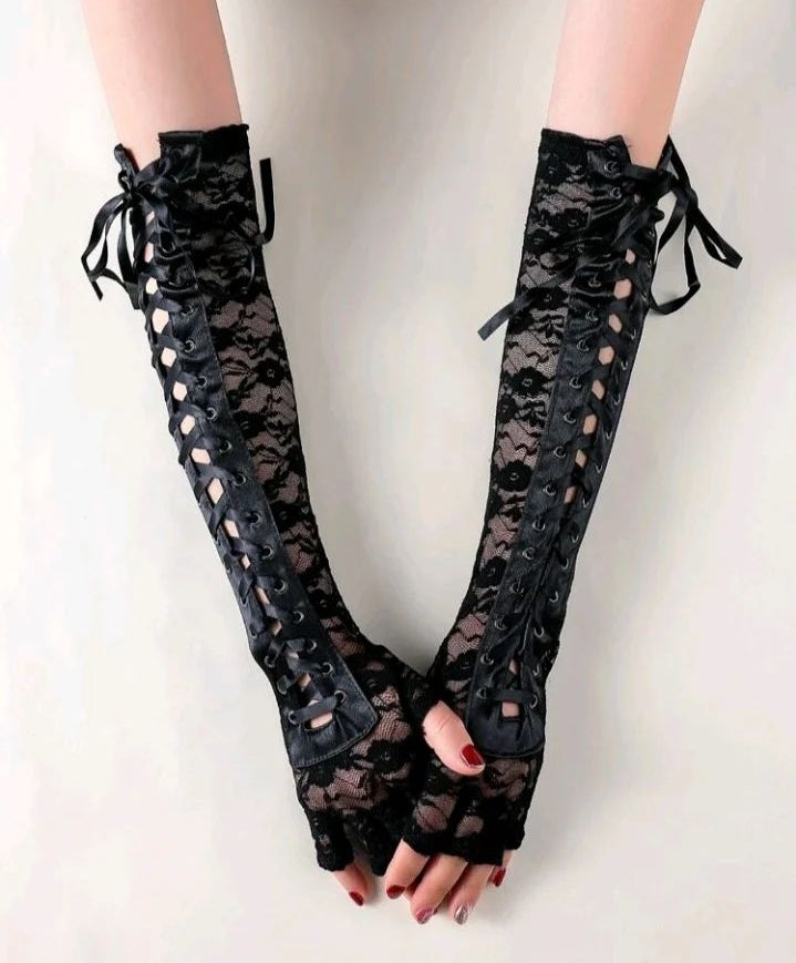 Ribbon Laced Fingerless Elbow Length Gloves in Black