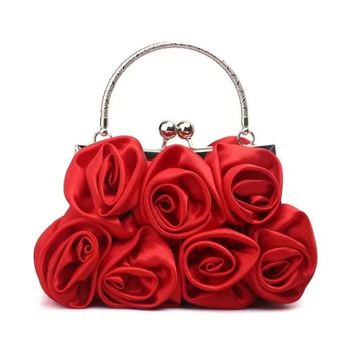 Flower Decor Kiss Lock Metal Handle Clutch in Red