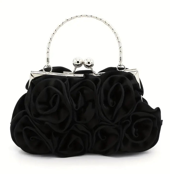 Flower Decor Kiss Lock Metal Handle Clutch in Black