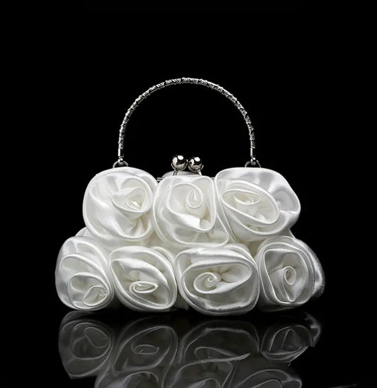 Flower Decor Kiss Lock Metal Handle Clutch in Ivory White