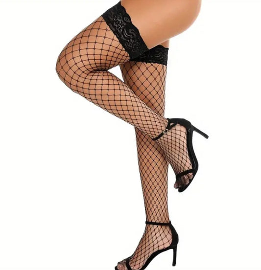 Laced Diamond Net Thigh High in Black