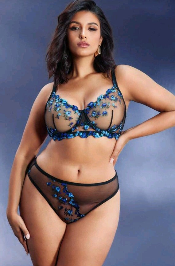 Floral Embroidery Underwire Sheer Bra & Panty Set