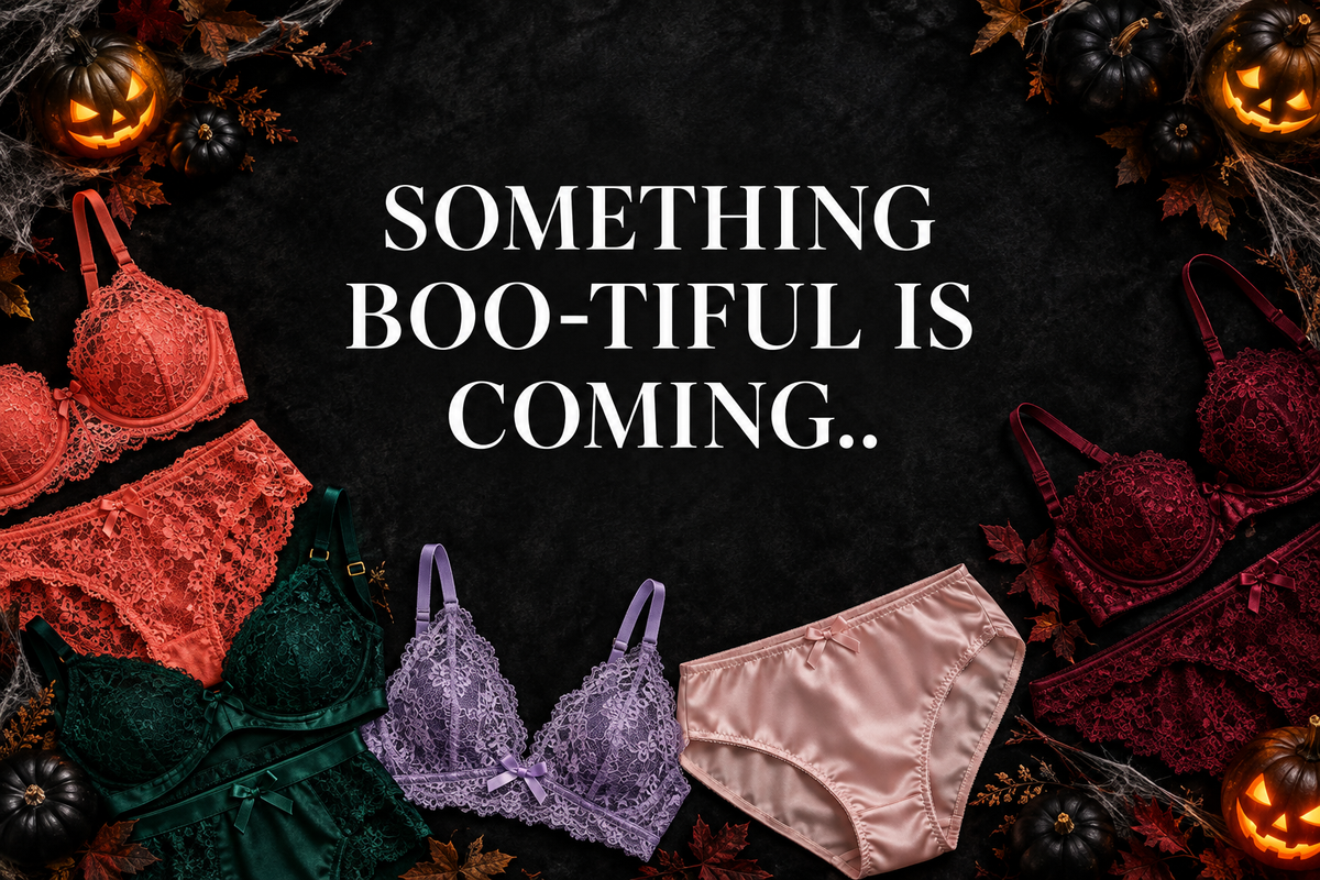 Colorful lingerie Halloween banner with SOMETHING BOO-TIFUL IS COMING.. overlay