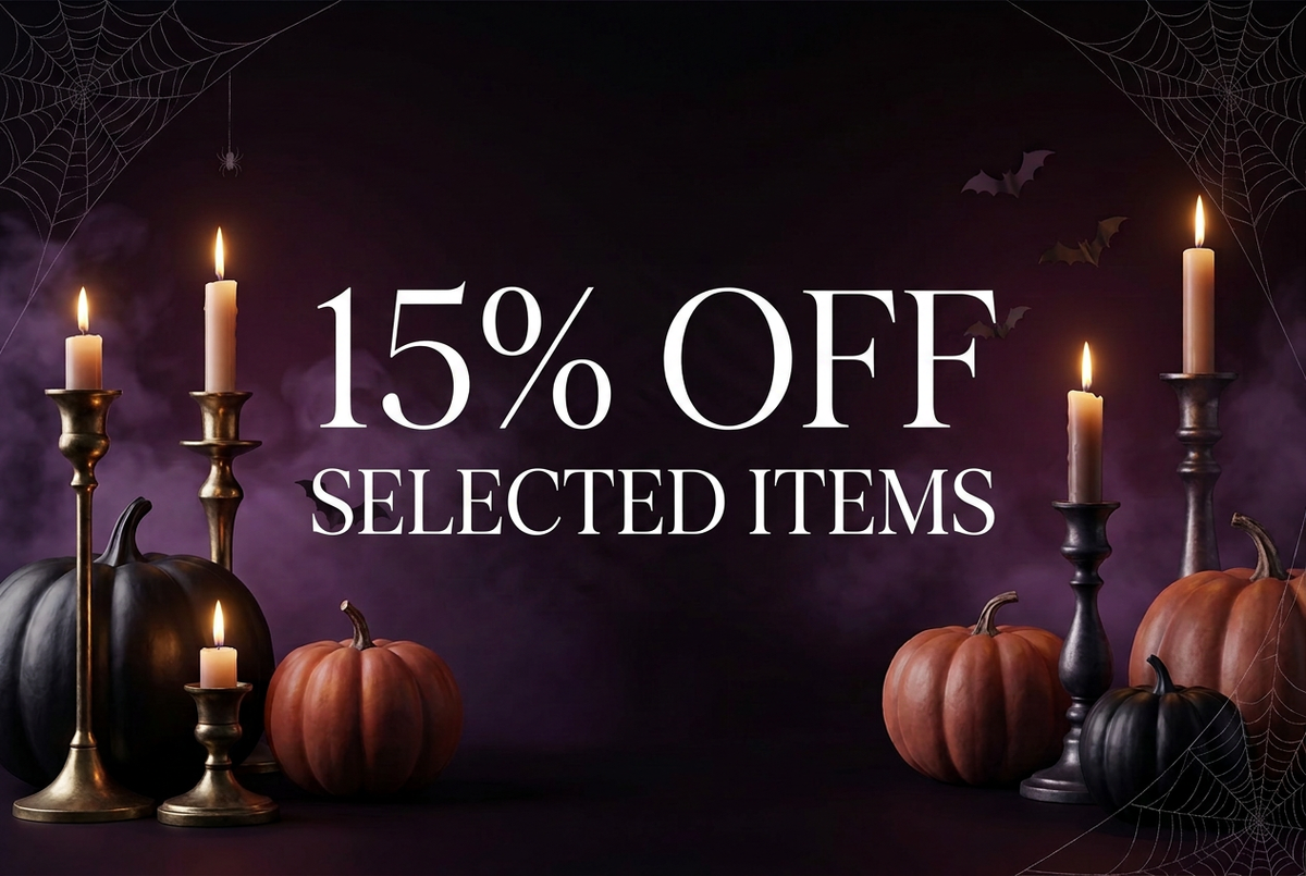 Halloween banner with “15% OFF SELECTED ITEMS” overlay