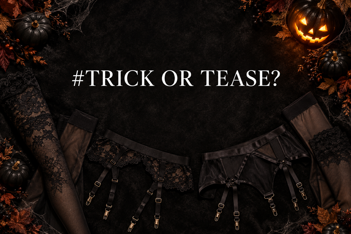 Halloween hosiery and garter belt flat-lay banner with #TRICK OR TEASE? overlay