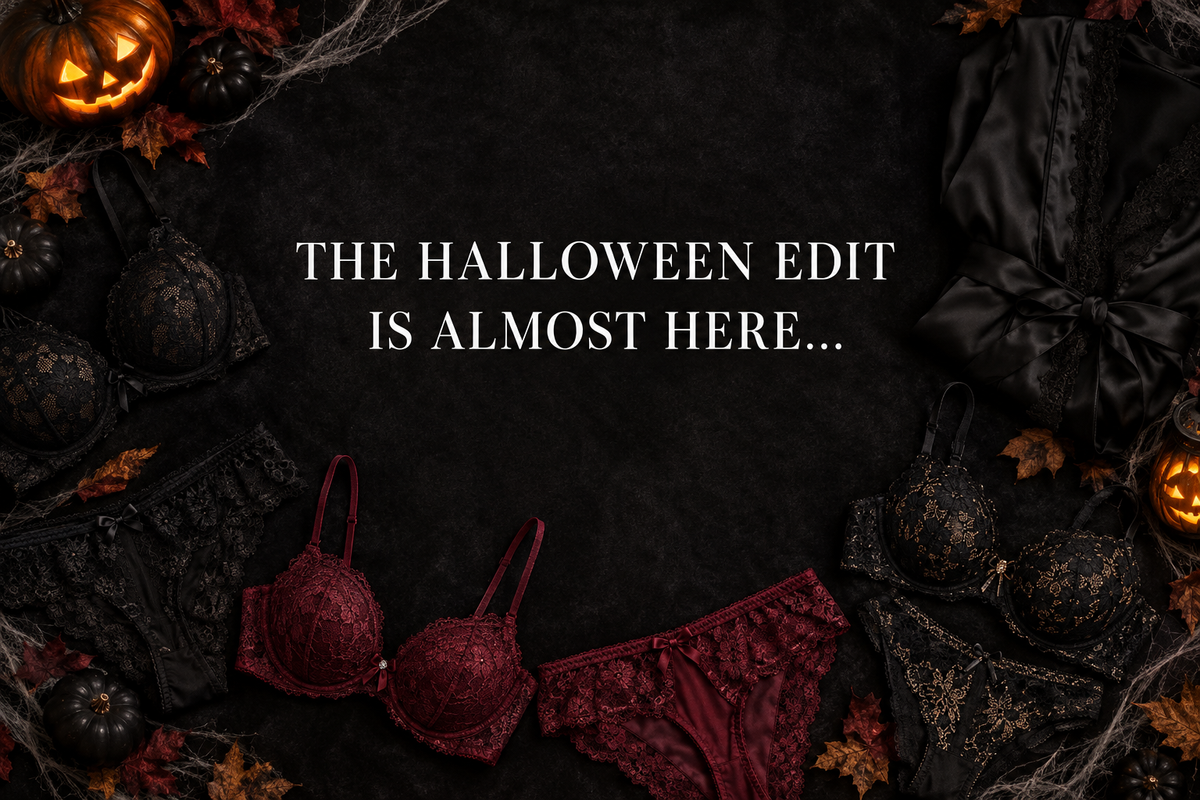 Halloween lingerie flat-lay banner with THE HALLOWEEN EDIT IS ALMOST HERE... overlay