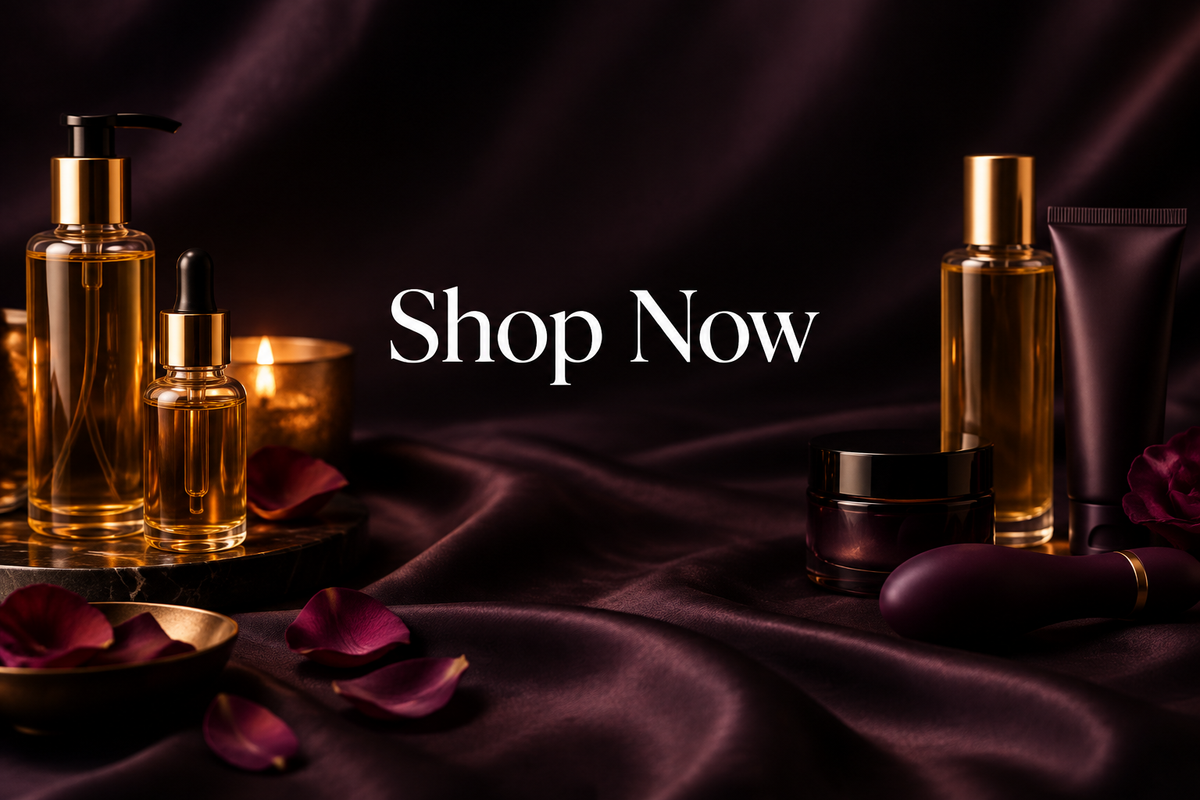 Moody, luxurious intimacy-wellness banner with “Shop Now” overlay