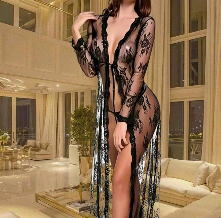 Lace Mesh Lingerie Robe (Thong Included)