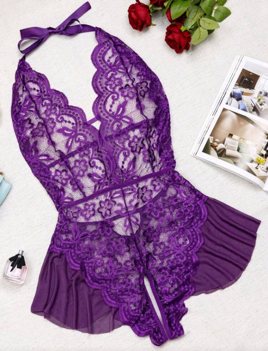 Lace Mesh See-Through Bodysuit Crotchless Lingerie