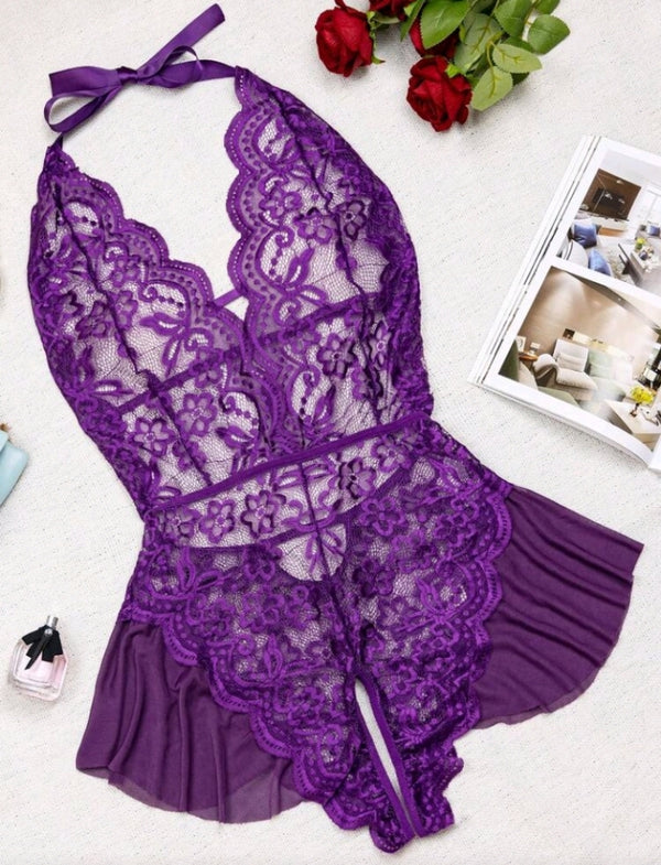 Lace Mesh See-Through Bodysuit Crotchless Lingerie