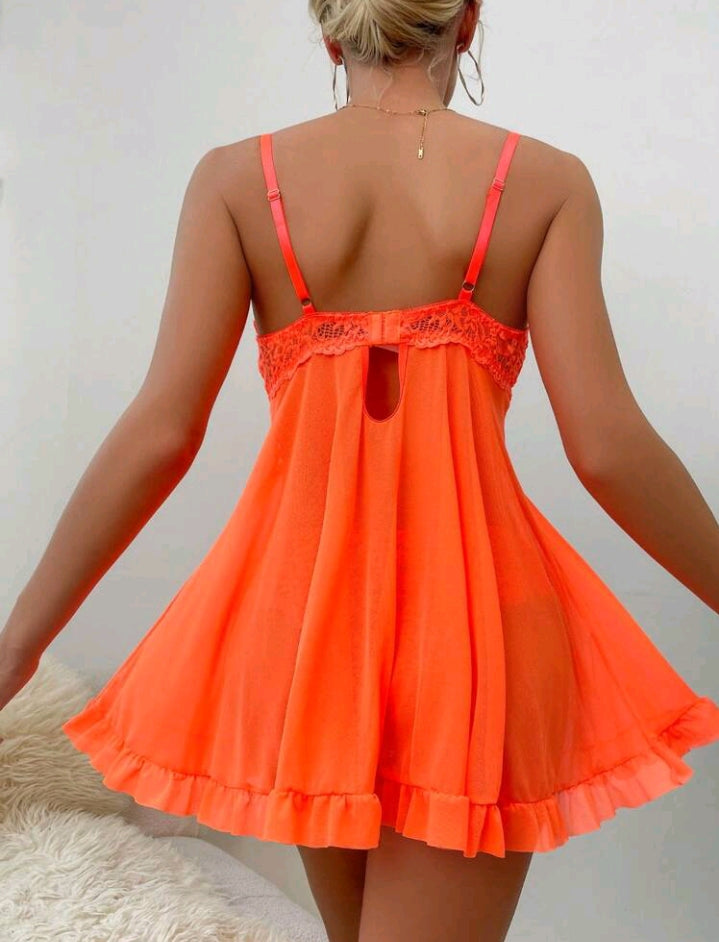 Lace Ruffle Hem Babydoll Dress (Thong Included)