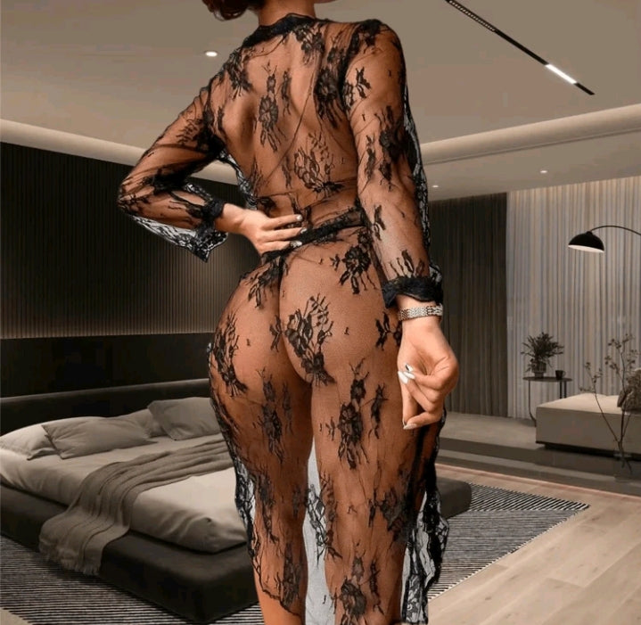 Lace Mesh Lingerie Robe (Thong Included)